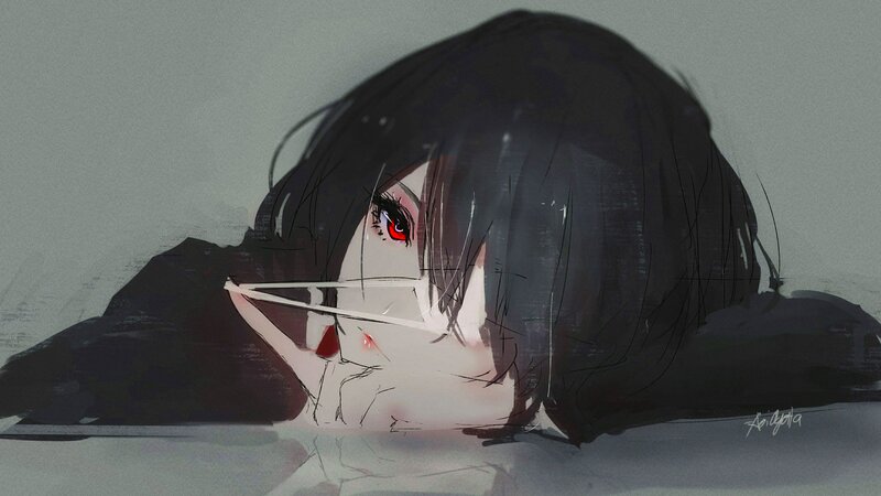 Anime Character with Red Eyes — Gray, Dramatic, Digital Art, Red Eyes, Black Hair