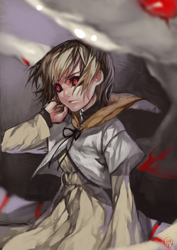 Anime Character with Red Eyes — Gray, Dramatic, Digital Art, Red Eyes