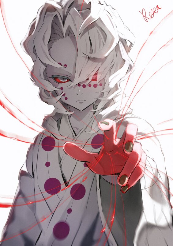Anime Character with Red Eyes — Gray, Dramatic, Digital Art, Red Lines