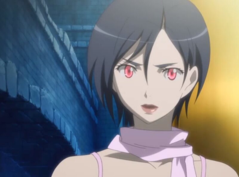 Anime Character with Red Eyes — Gray, Dramatic, Scarf