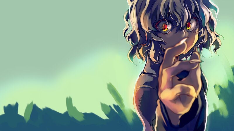 Anime Character with Red Eyes — Green, Dramatic, Digital Art