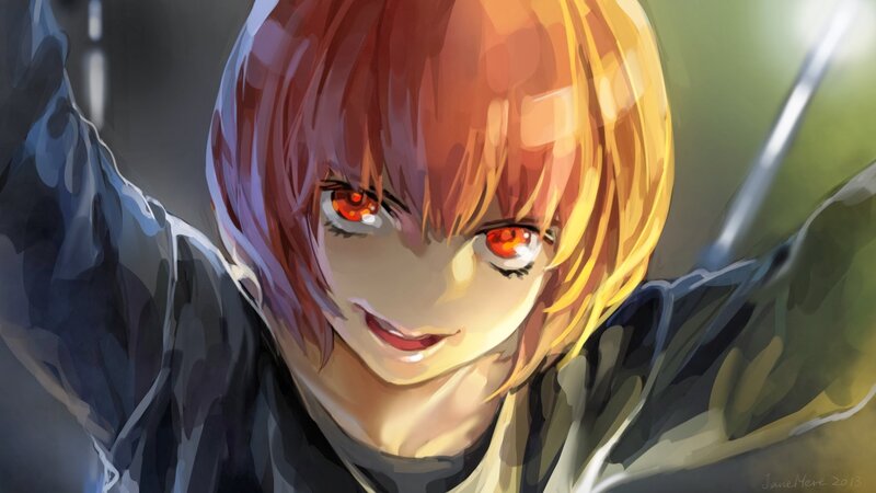 Anime Character with Red Eyes — Orange, Dramatic, Digital Art, Red Eyes