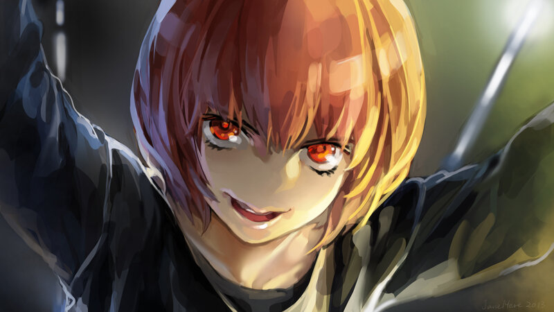 Anime Character with Red Eyes — Orange, Dramatic, Digital Art