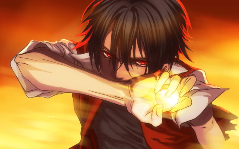 Anime Character with Red Eyes — Orange, Dramatic, Sunset, Red Eyes