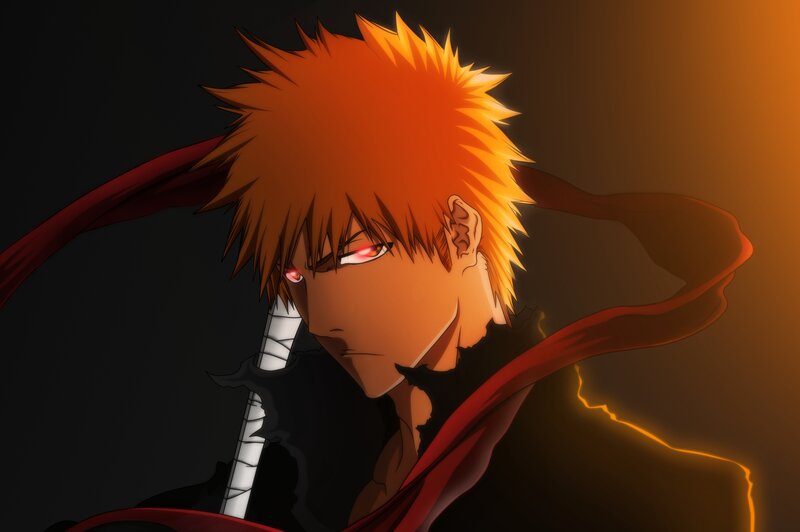 Anime Character with Red Eyes — Orange, Dramatic, Sword