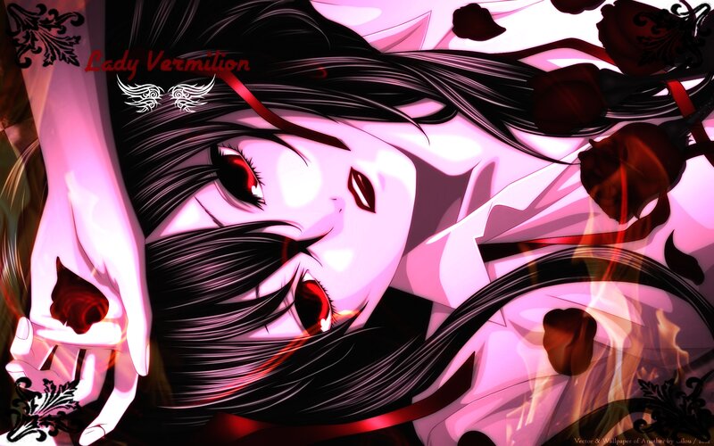 Anime Character with Red Eyes — Pink, Dramatic, Manga, Roses
