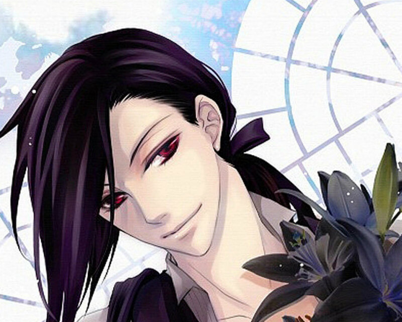 Anime Character with Red Eyes — Purple, Dramatic, Manga, Flowers