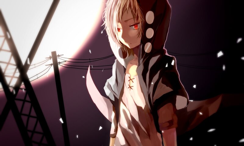 Anime Character with Red Eyes — Purple, Dramatic, Night, Digital Art, Hoodie