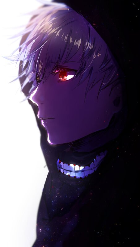 Anime Character with Red Eyes — Purple, Dramatic, Night, Digital Art, Red Eyes, Sharp Teeth