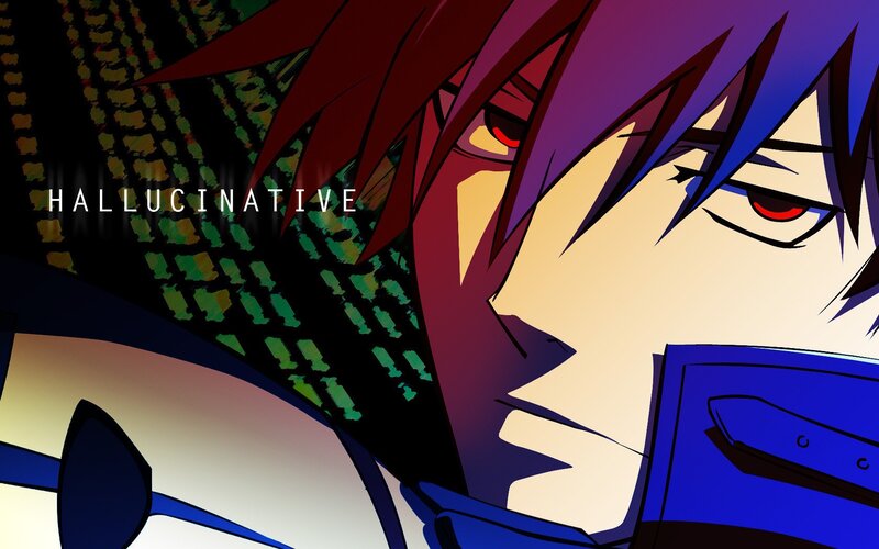 Anime Character with Red Eyes — Purple, Dramatic, Red Eyes, Blue Hair
