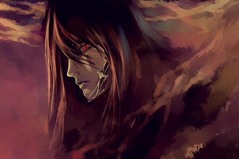 Anime Character with Red Eyes — Purple, Dramatic, Sunset