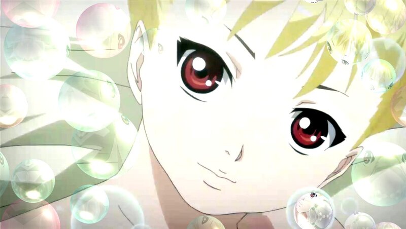Anime Character with Red Eyes — White, Dramatic, Bubbles