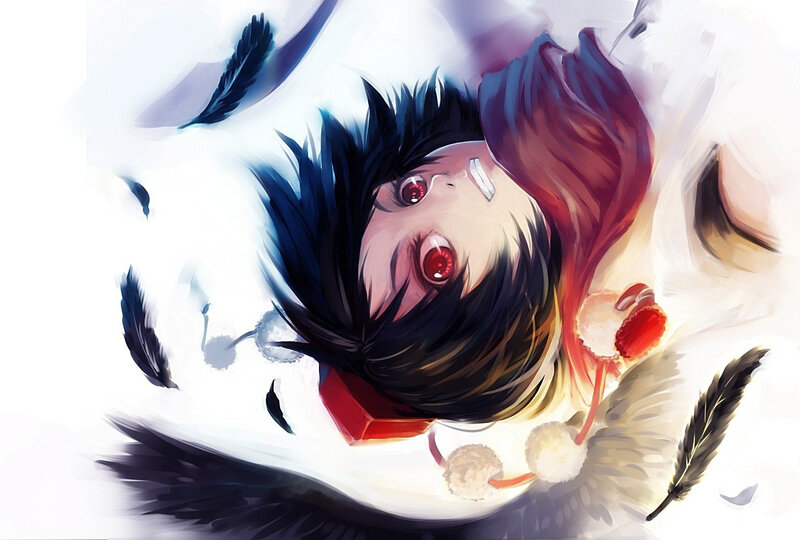 Anime Character with Red Eyes — White, Dramatic, Digital Art, Feathers