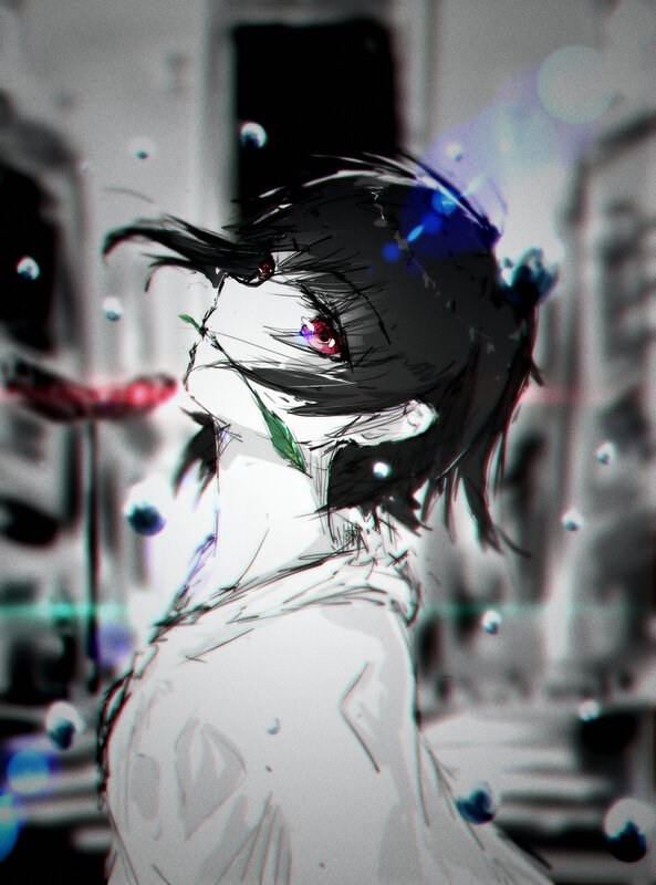 Anime Character with Red Eyes — White, Dramatic, Digital Art, Red Eyes, Black Hair