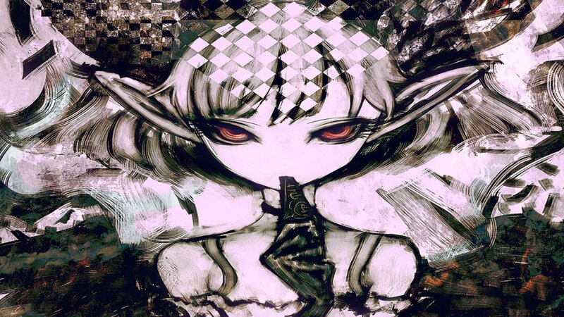 Anime Character with Red Eyes — White, Dramatic, Digital Art, Red Eyes, Checkered Pattern
