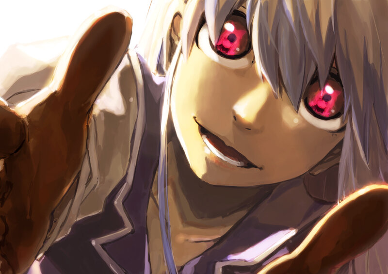 Anime Character with Red Eyes — White, Dramatic, Digital Art, Silver Hair
