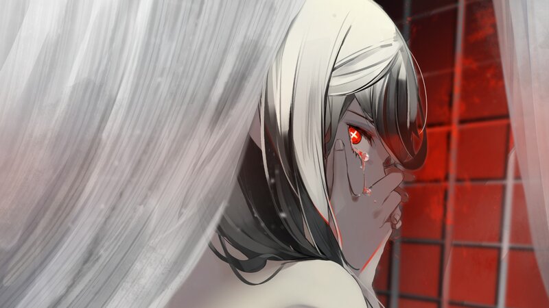 Anime Character with Red Eyes — White, Dramatic, Digital Art, Tears