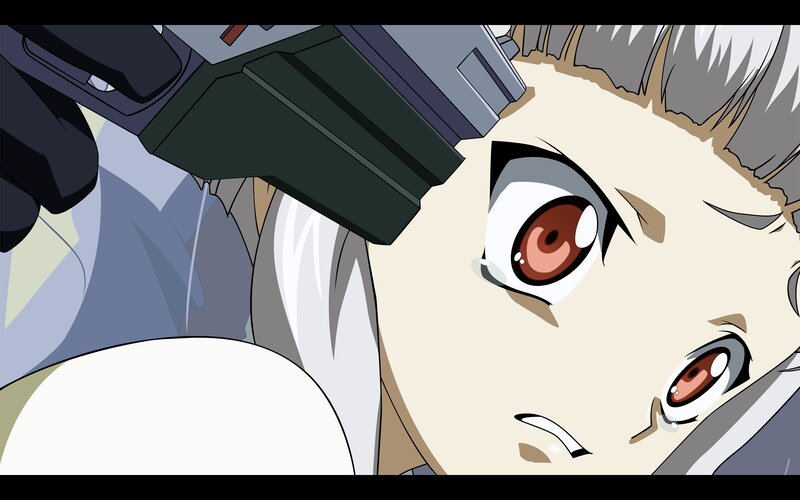 Anime Character with Red Eyes — White, Dramatic, Gun