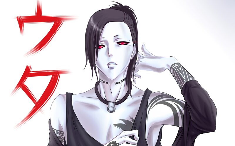 Anime Character with Red Eyes — White, Dramatic, Manga, Tattoos