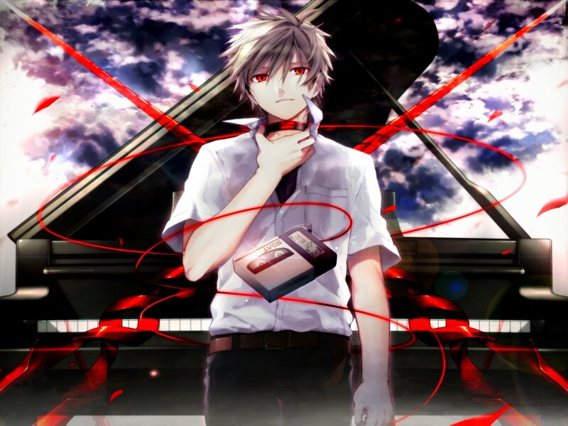 Anime Character with Red Eyes — White, Dramatic, Piano