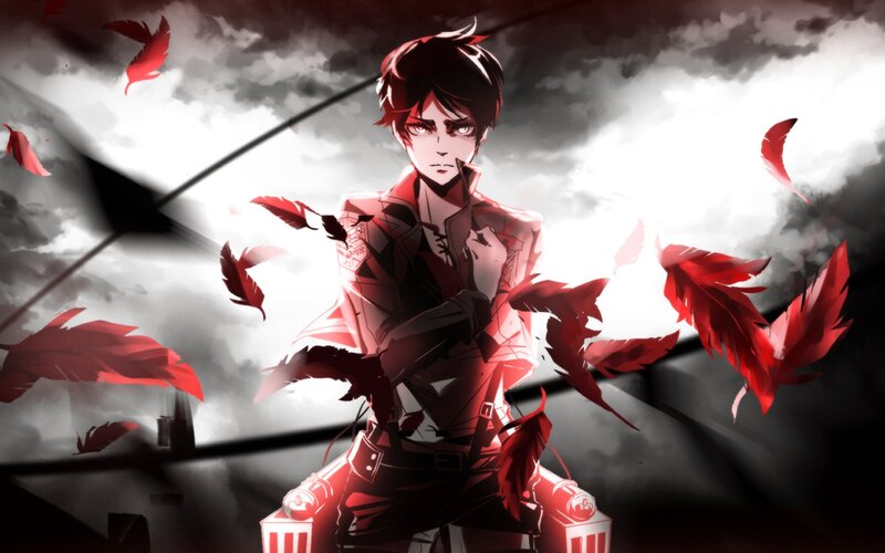 Anime Character with Red Feathers — Dramatic, Digital Art