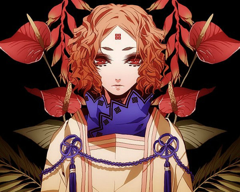 Anime Character with Red Flowers — Dramatic