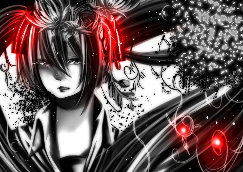 Anime Character with Red Hair — Black, Dramatic, Digital Art, Flowers