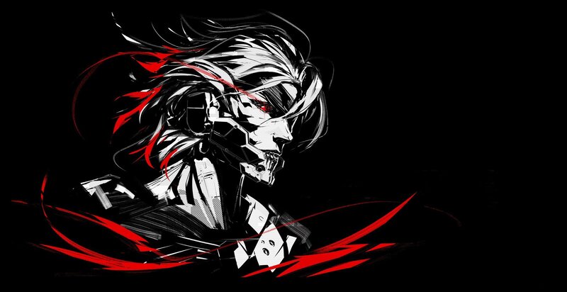 Anime Character with Red Hair — Black, Dramatic, Digital Art, Mechanical Face