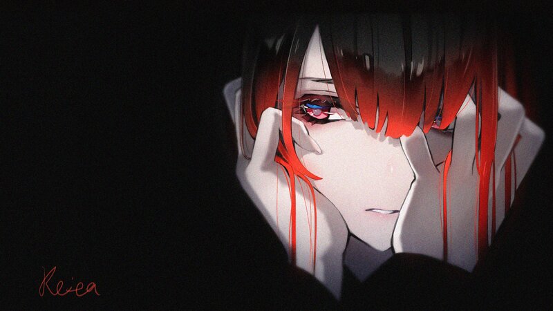 Anime Character with Red Hair — Black, Dramatic, Night, Digital Art, Red Hair
