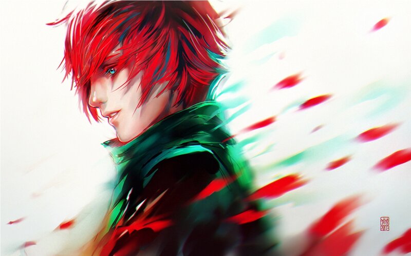 Anime Character with Red Hair — Dramatic, Digital Art, Green Jacket
