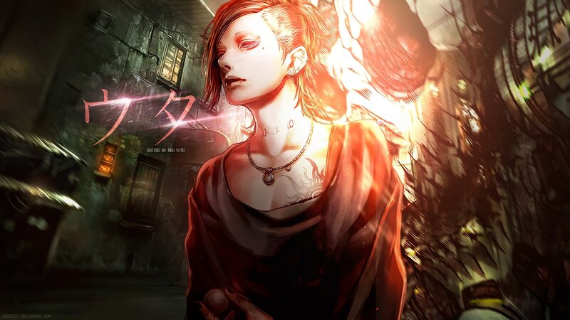 Anime Character with Red Hair — Dramatic, Night, Digital Art, Tattoo