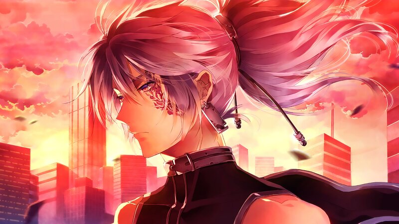 Anime Character with Red Hair — Dramatic, Sunset