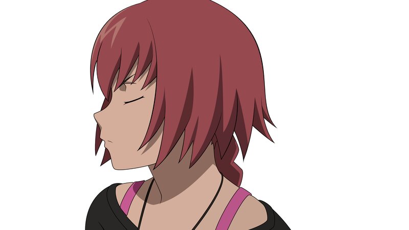 Anime Character with Red Hair — Neutral, Black Shirt, Pink Straps