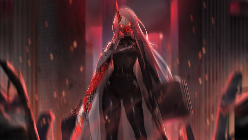 Anime Character with Red Mask — Dramatic, Night, Digital Art
