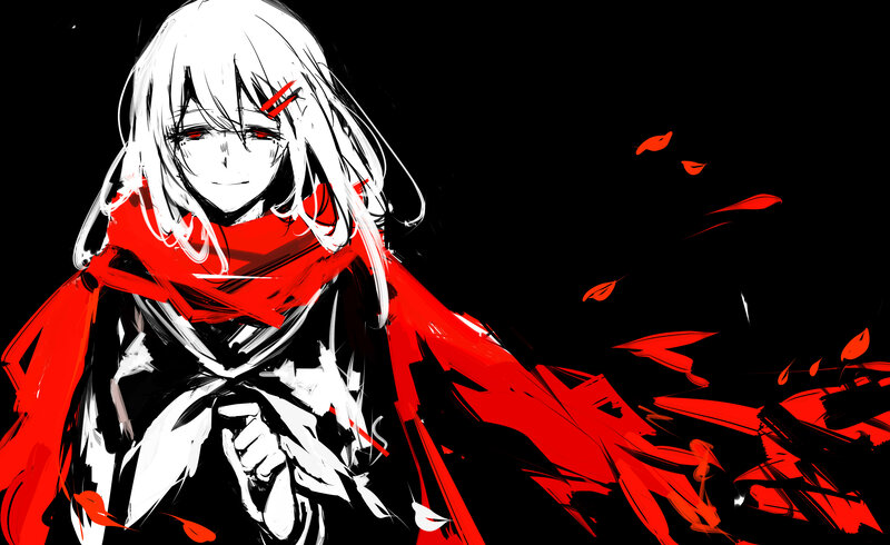 Anime Character with Red Scarf — Black, Dramatic, Night