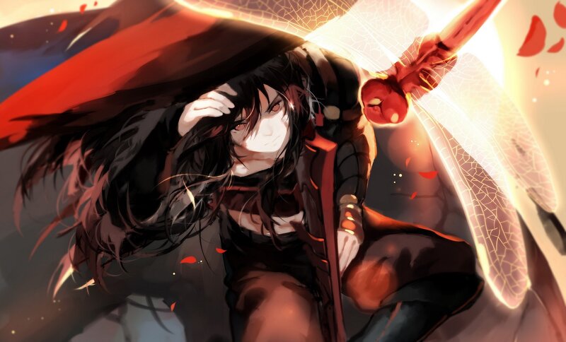 Anime Character with Red Wings — Black, Dramatic