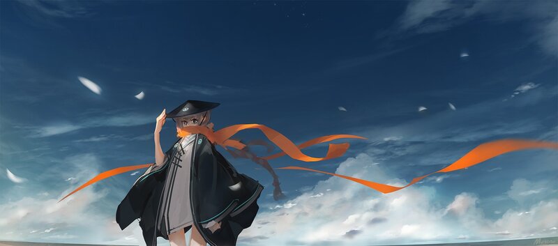 anime character with ribbon in sky