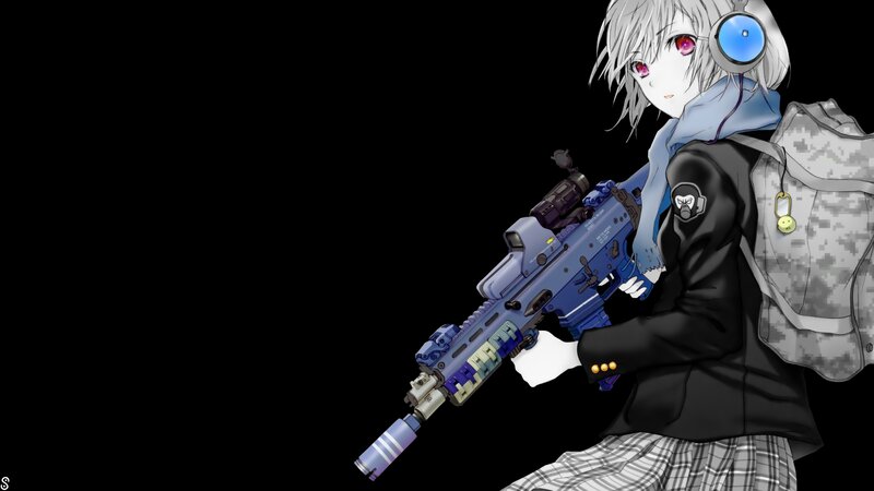 Anime Character with Rifle — Black, Dramatic, Digital Art, Headphones