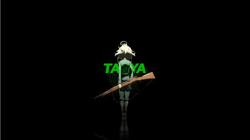 Anime Character with Rifle — Black, Dramatic, Green Text