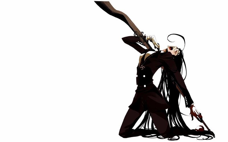 Anime Character with Rifle — Black, Dramatic, Manga, Long Hair, Black Suit