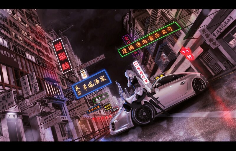 Anime Character with Rifle — Black, Dramatic, Night