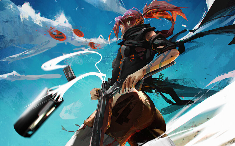 Anime Character with Rifle — Blue, Action-packed