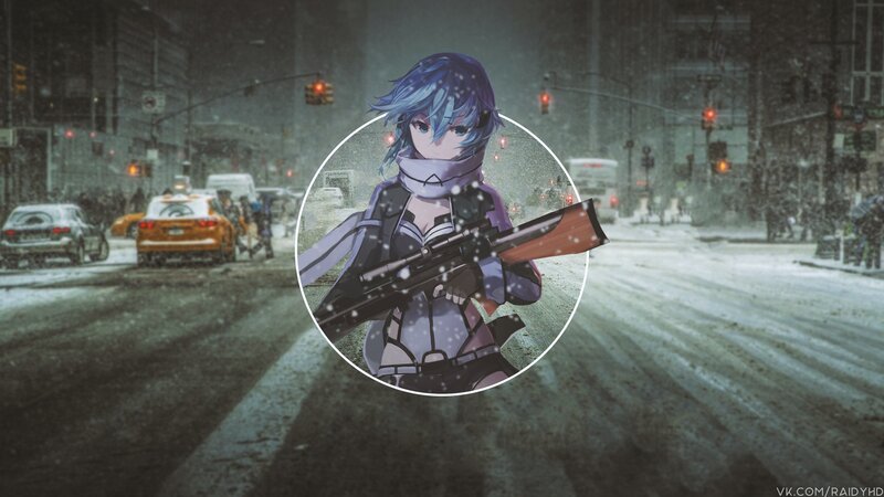 Anime Character with Rifle — Blue, Dramatic, Winter, Digital Art