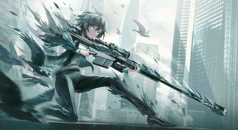 Anime Character with Rifle — Gray, Dramatic, Digital Art, City