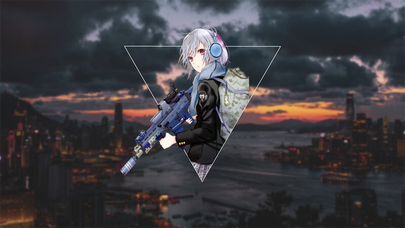 Anime Character with Rifle — Gray, Dramatic, Sunset