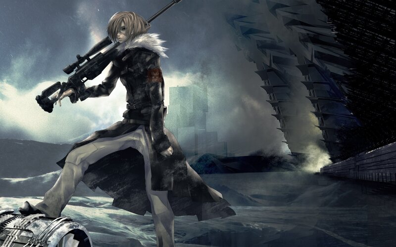 Anime Character with Rifle — Gray