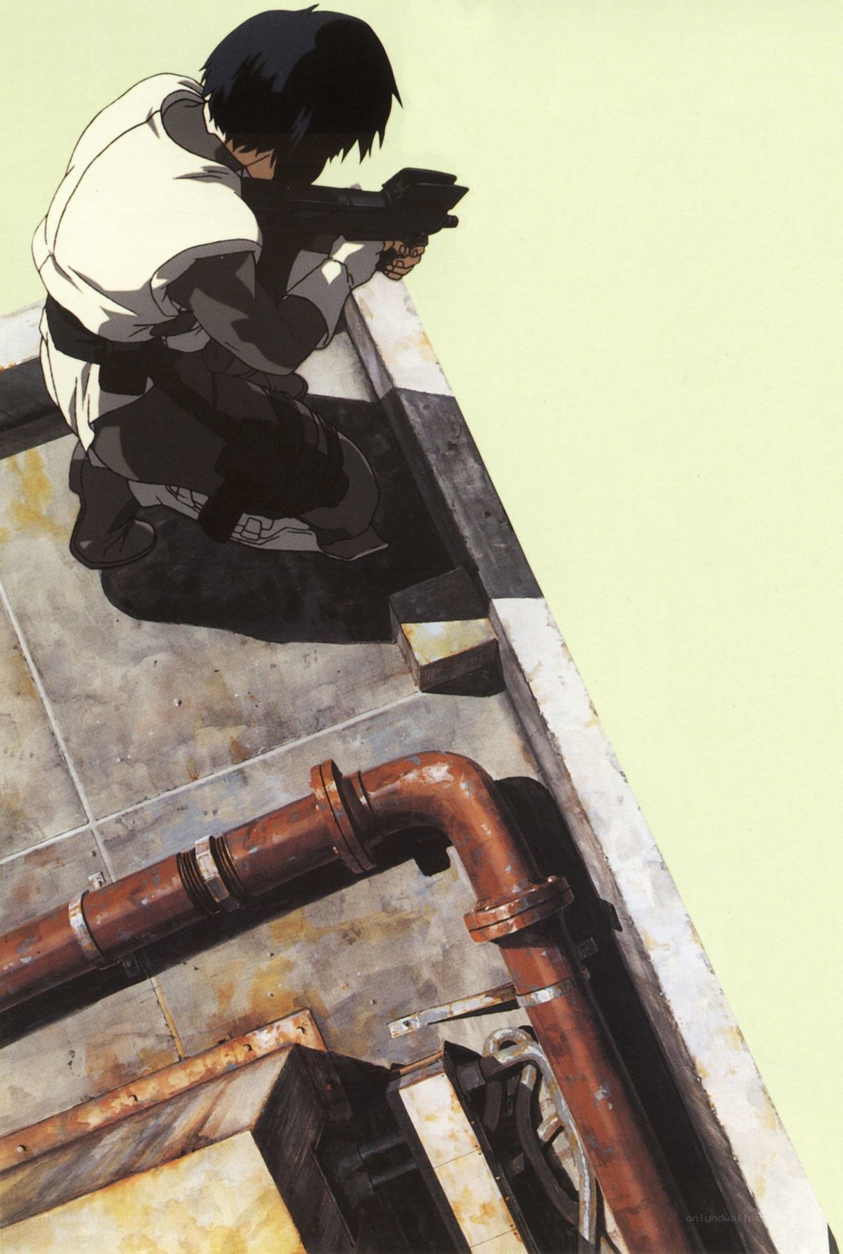 anime character with rifle on rooftop