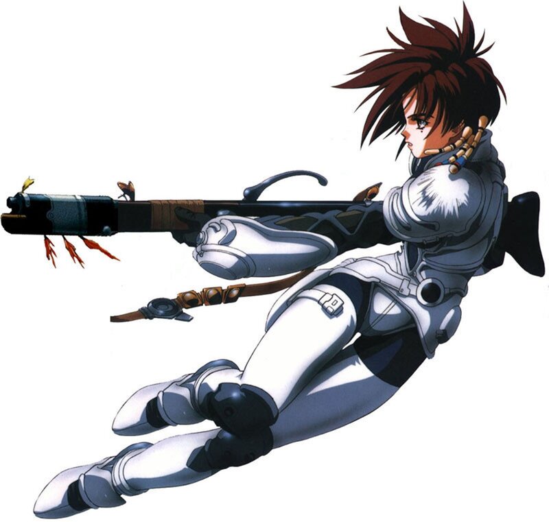 Anime Character with Rifle — White, Action