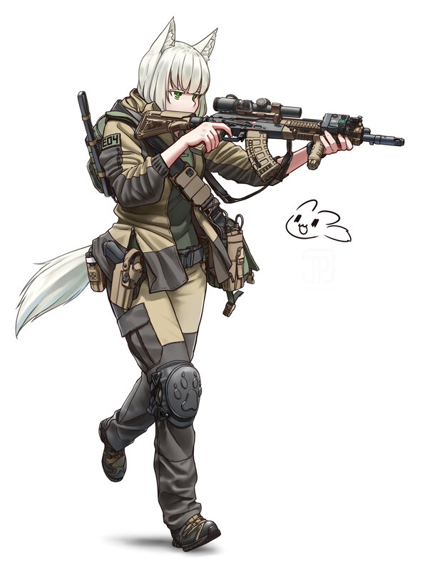 Anime Character with Rifle — White, Alert