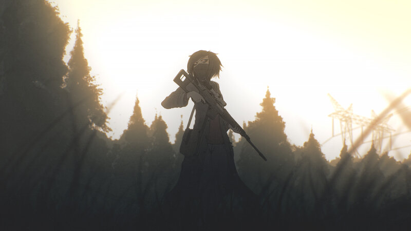 Anime Character with Rifle — Yellow, Dramatic, Sunset